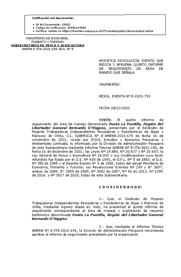 RESOL. EXENTA Nº E-2021-753 Modifica resolución que indica, Aprueba 5° seguimiento. (Publicado en Página Web 29-12-2021)