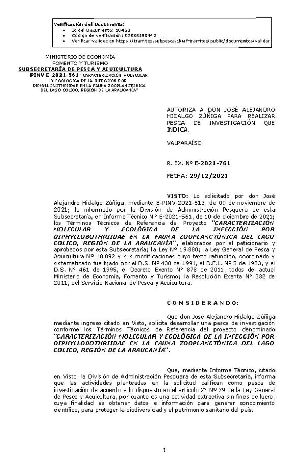 R. EX. Nº E-2021-761 CARACTERIZACIÓN MOLECULAR Y ECOLÓGICA DE LA INFECCIÓN POR DIPHYLLOBOTHRIIDAE EN LA FAUNA ZOOPLANCTÓNICA DEL LAGO COLICO, REGIÓN DE LA ARAUCANÍA. (Publicado en Página Web 29-12-2021).