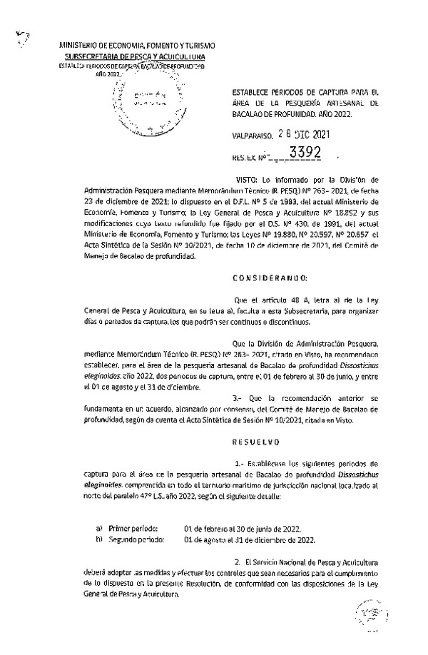 Res. Ex. N° 3392-2021 Establece Periodo de Captura para la Pesquería Artesanal de Bacalao de Profundidad. (Publicado en Página Web 29-12-2021)