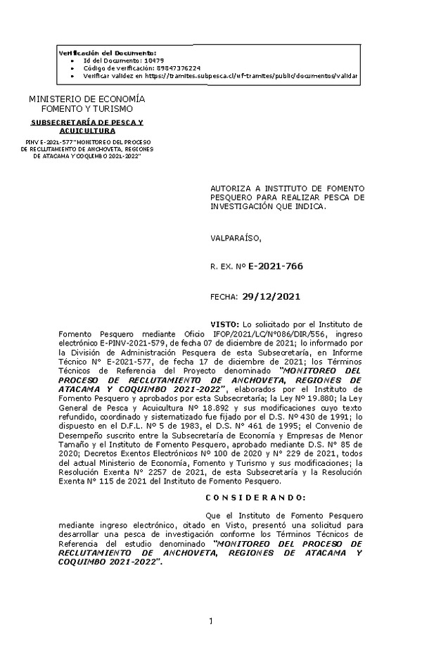 R. EX. Nº E-2021-766 MONITOREO DEL PROCESO DE RECLUTAMIENTO DE ANCHOVETA, REGIONES DE ATACAMA Y COQUIMBO 2021-2022. (Publicado en Página Web 30-12-2021).