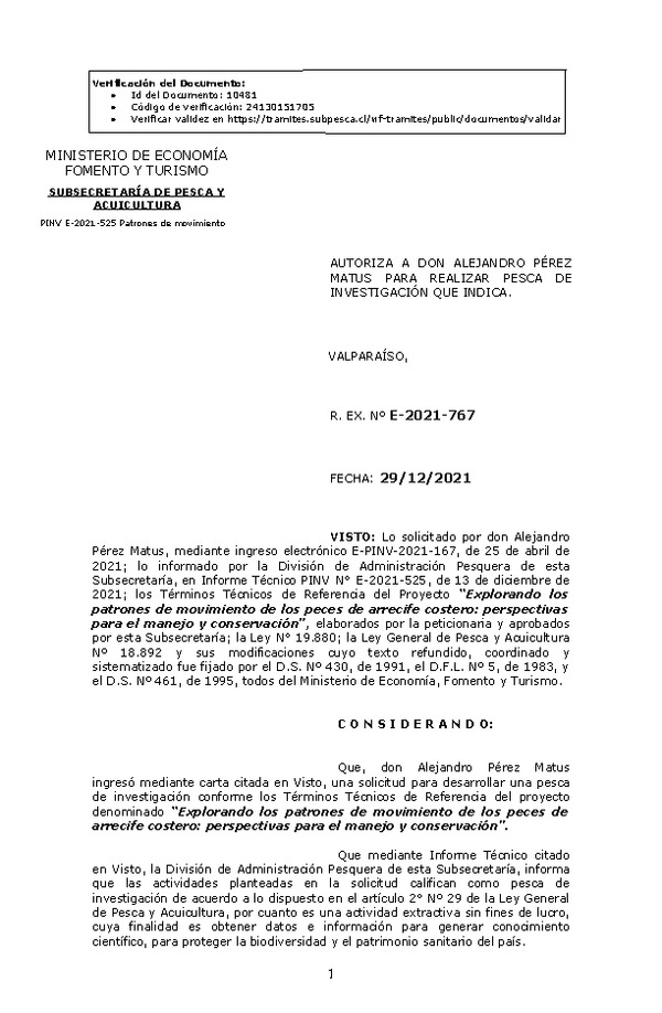 R. EX. Nº E-2021-767 Explorando los patrones de movimiento de los peces de arrecife costero: perspectivas para el manejo y conservación. (Publicado en Página Web 30-12-2021).