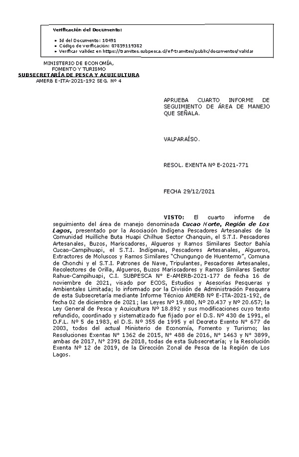 RESOL. EXENTA Nº E-2021-771 Aprueba 4° seguimiento. (Publicado en Página Web 30-12-2021).