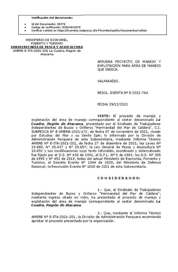 RESOL. EXENTA Nº E-2021-764 Aprueba Plan de manejo. (Publicado en Página Web 30-12-2021).