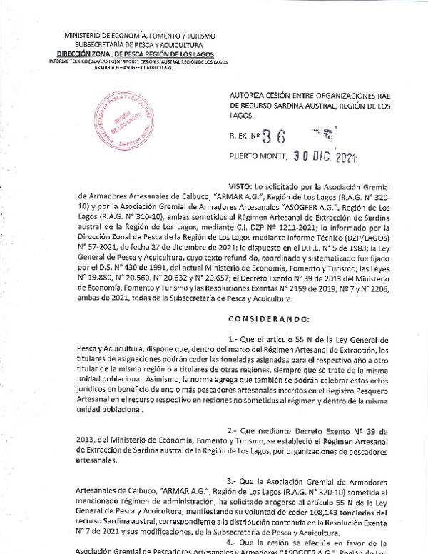 Res. Ex. 36-2021 (DZP Los Lagos) Autoriza cesión sardina austral Región de Los Lagos. (Publicado en Página Web 30-12-2021)