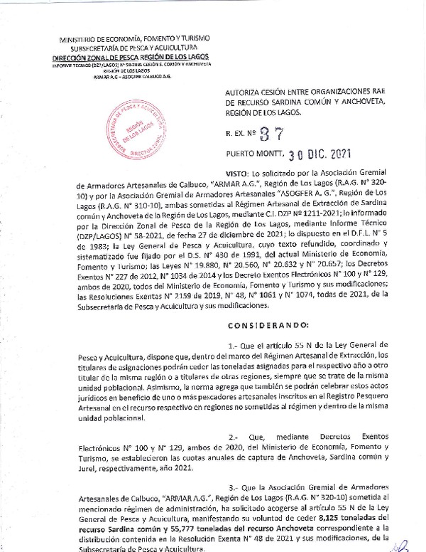 Res. Ex. 37-2021 (DZP Los Lagos) Autoriza cesión sardina común y anchoveta, Región de Los Lagos. (Publicado en Página Web 30-12-2021)