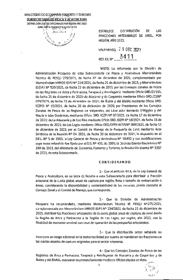 Res. Ex. N° 3411-2021 Establece Distribución de las Fracciones Artesanales de Jurel por Región, Año 2022. (Publicado en Página Web 30-12-2021)