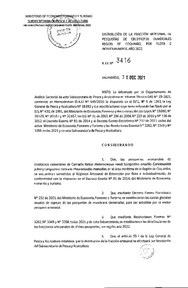 Res. Ex. N° 3416-2021 Distribución de la Fracción Artesanal de Pesquerías Crustáceos Demersales, Región de Coquimbo, por Flota e Individualmente, Año 2022. (Publicado en Página Web 30-12-2021)