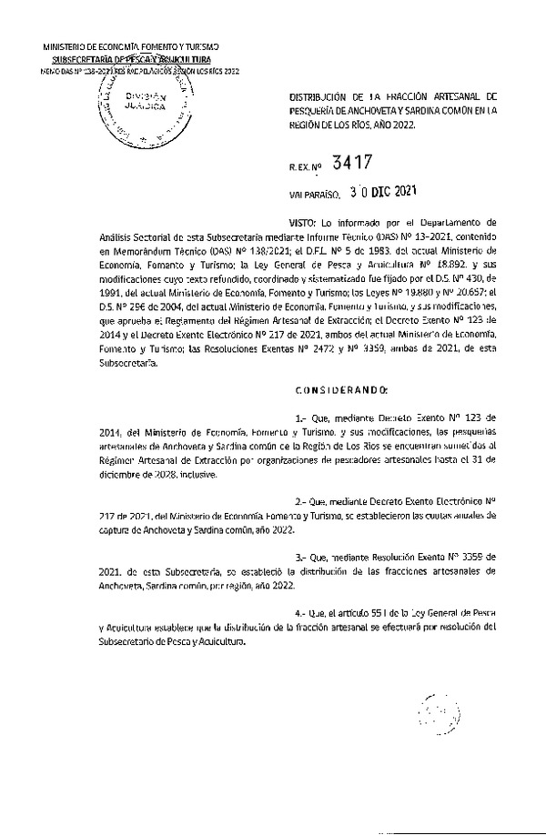 Res. Ex. N° 3417-2021 Distribución de la Fracción Artesanal de Pesquería de Anchoveta y Sardina Común, Región de Los Ríos, Año 2022. (Publicado en Página Web 30-12-2021)