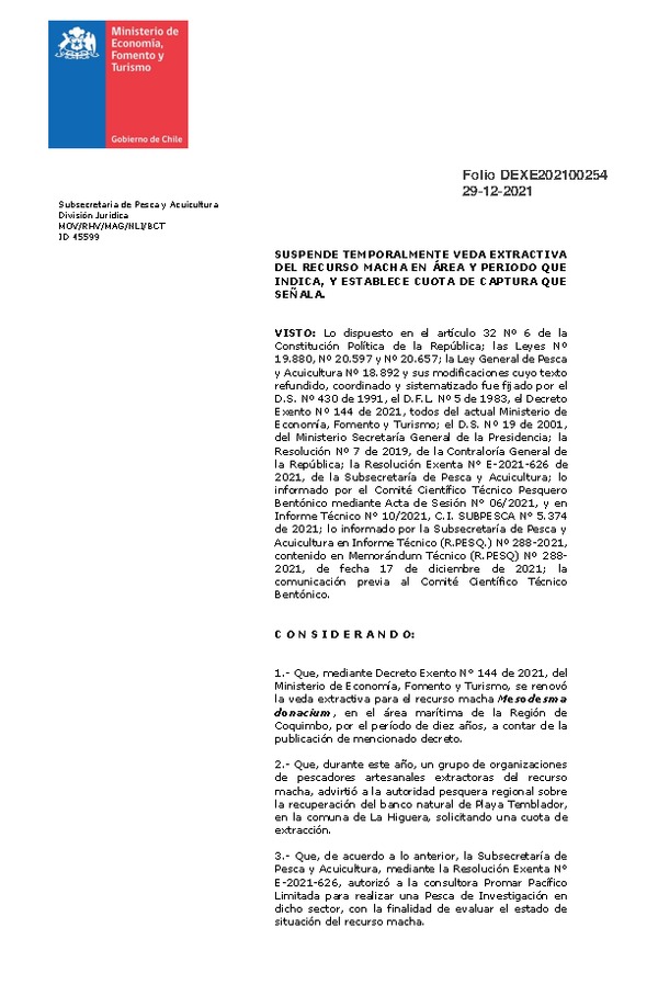 Dec. Ex. Folio 202100254 Suspende Temporalmente Veda Extractiva del Recurso Macha en Área y Período que Indica, y Establece Cuota de Captura que Señala. (Publicado en Página Web 30-12-2021)