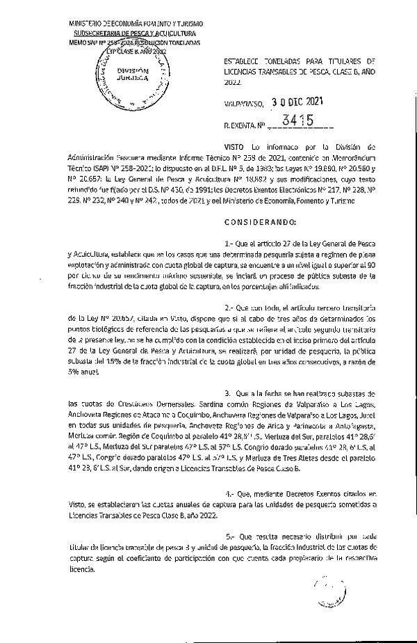 Res. Ex. N° 3415-2021 Establece Toneladas para Titulares de LTP clase B Año 2022. (Publicado en Página Web 30-12-2021)