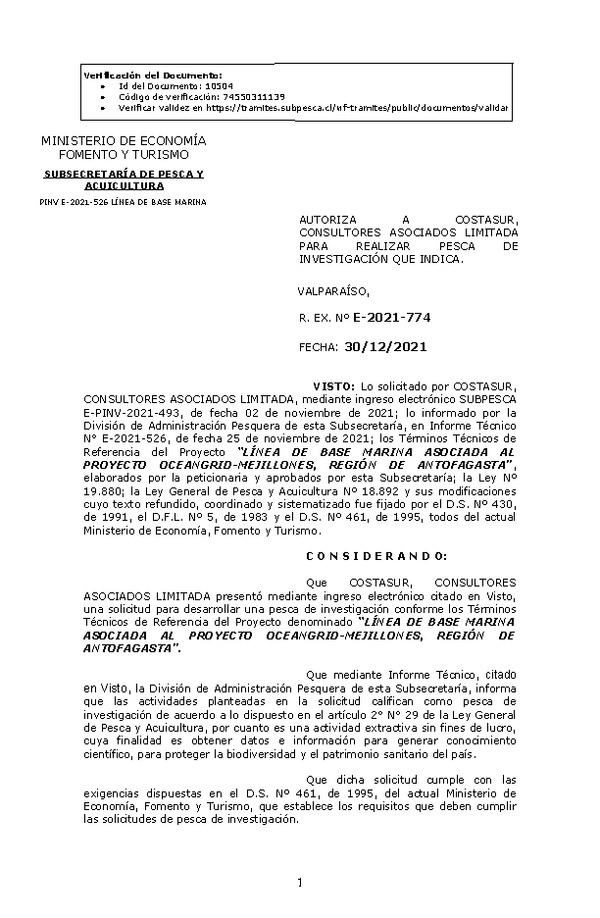 R. EX. Nº E-2021-774 LÍNEA DE BASE MARINA ASOCIADA AL PROYECTO OCEANGRID-MEJILLONES, REGIÓN DE ANTOFAGASTA. (Publicado en Página Web 31-12-2021).