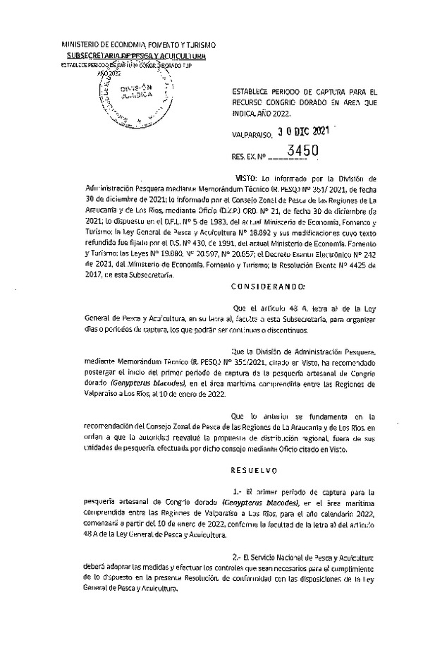 Res. Ex. N° 3450-2021 Establece Periodo de Captura para el Recurso Congrio Dorado en Área que Indica, Año 2022. (Publicado en Página Web 31-12-2021)