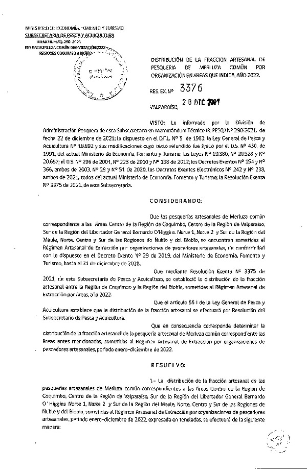 Res. Ex. N° 3376-2021 Distribución de la Fracción Artesanal de Pesquería de Merluza Común, Por Organización, en Áreas que Indica, Año 2022. (Publicado en Página Web 03-01-2022)