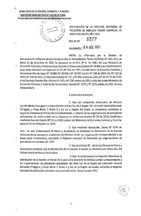 Res. Ex. 3377-2021 Distribución de la Fracción Artesanal de Pesquería de Merluza común Individual, Área Sur de la Región del Libertador General Bernardo O’Higgins, y Áreas Norte 1, Norte 2 y Sur de la Región del Maule. (Publicado en Página Web 31-12-2021)