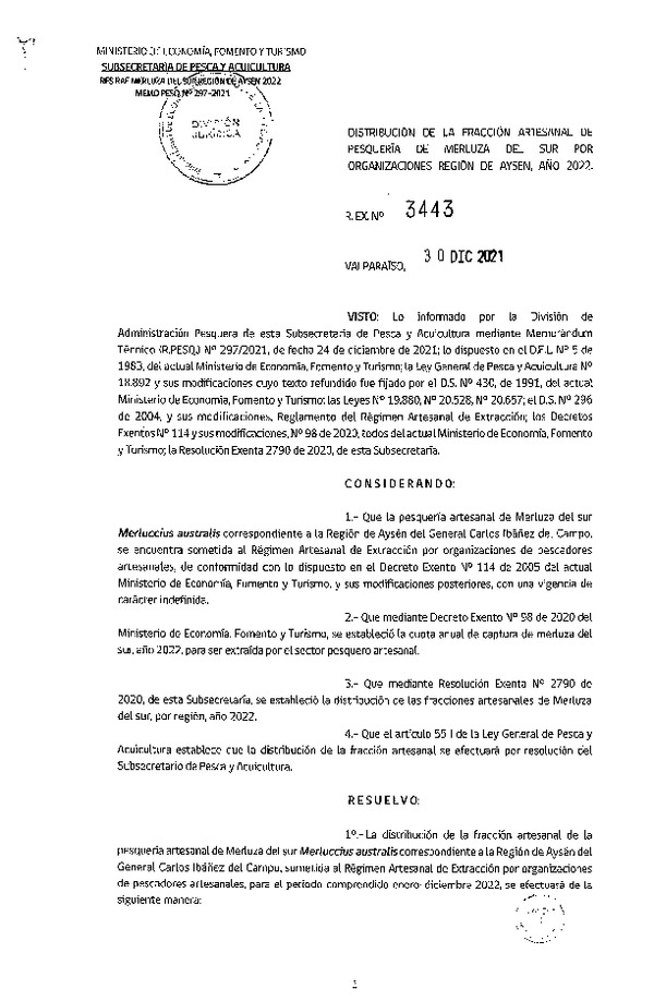 Res. Ex. N° 3443-2021 Distribución de la Fracción Artesanal de Pesquería de Merluza del Sur por Organizaciones, Región de Aysén, Año 2022. (Publicado en Página Web 31-12-2022)