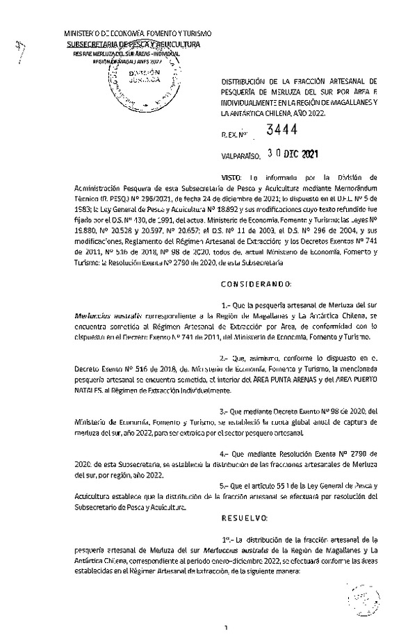 Res. Ex. N° 3444-2021 Distribución de la Fracción Artesanal de Pesquería de Merluza del Sur por Área e Individualmente, Región de Magallanes y la Antártica Chilena, año 2022. (Publicado en Página Web 31-12-2021)