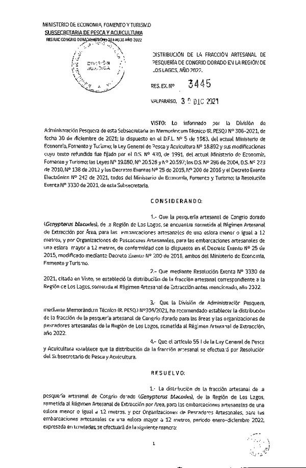 Res. Ex. N° 3445-2021 Distribución de la Fracción Artesanal de Congrio Dorado, Región de Los lagos, Año 2022. (Publicado en Página Web 31-12-2021)