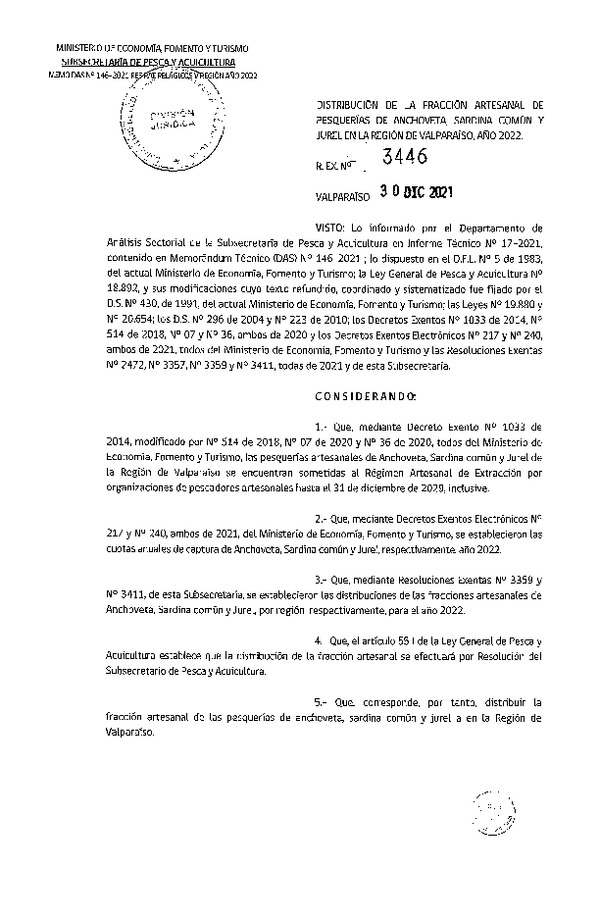 Res. Ex. N° 3446-2021 Distribución de la fracción artesanal de pesquerías de Anchoveta, Sardina Común y Jurel en la Región de Valparaíso, año 2022. (Publicado en Página Web 31-12-2021)