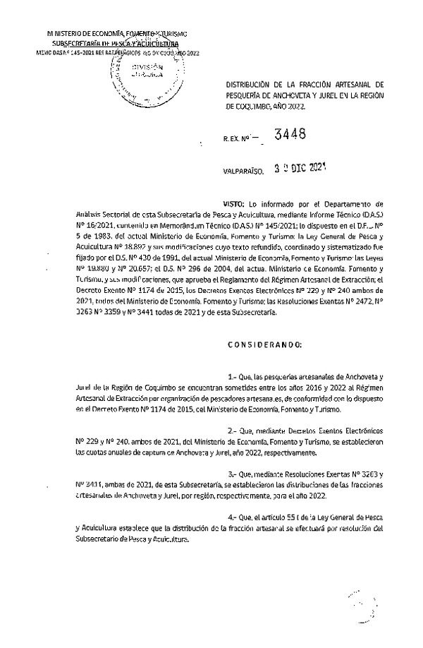 Res. Ex. N° 3448-2021 Distribución de la Fracción Artesanal de Pesquería de Anchoveta y Jurel, Región de Coquimbo, Año 2022. (Publicado en Diario Oficial 31-12-2021)