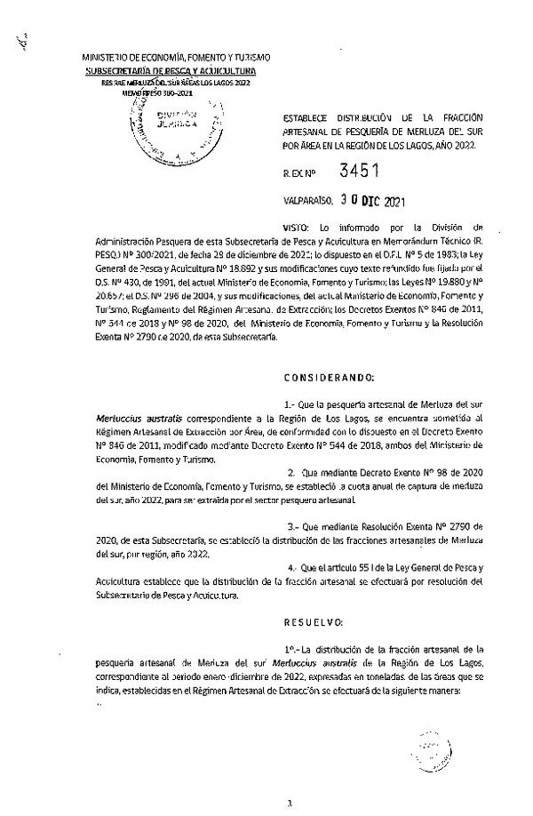 Res. Ex. 3451-2021 Establece Distribución de la Fracción Artesanal de Pesquería de Merluza del Sur por Área en la Región de Los Lagos, Año 2022. (Publicado en Página Web 31-12-2021)