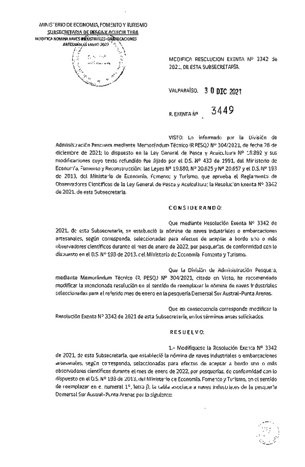 Res. Ex. N° 3449-2021 Modifica Res. Ex. Nº 3342-2021 Naves mes de enero de 2022.