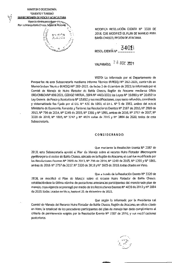 Res. Ex. N° 3401-2021 Modifica Res. Ex. N° 3320-2018 Que Modificó Res. Ex. N° 2187-2010 que Aprobó el plan de manejo para bahía Chasco, Región de Atacama. (Publicado en Página Web 31-12-2021)