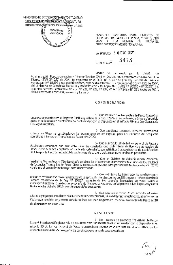 Res. Ex. N° 3413-2021 Establece Toneladas para Titulares de LTP clase A Año 2022 y Fija Nómina de Titulares, Arrendatarios y Meros Tenedores. (Publicado en Página Web 03-01-2021)