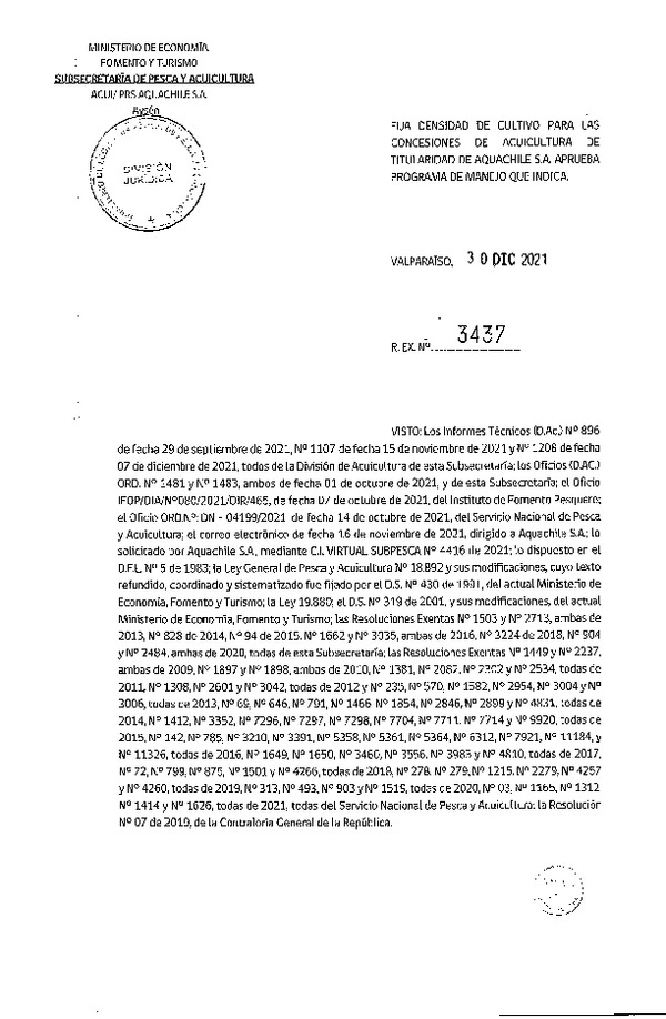 Res. Ex. N° 3437-2021 Fija densidad de cultivo para las concesiones de acuicultura de titularidad de Salmones Aquachile S.A. (Con Informe Técnico) (Publicado en Página Web 03-01-2022).