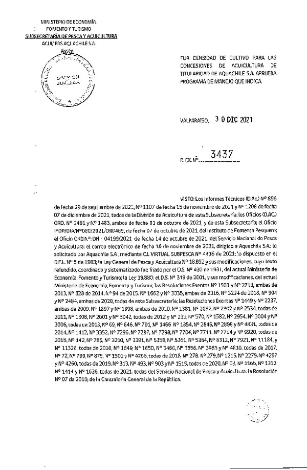 Res. Ex. N° 3437-2021 Fija densidad de cultivo para las concesiones de acuicultura de titularidad de Salmones Aquachile S.A. (Con Informe Técnico) (Publicado en Página Web 03-01-2022).