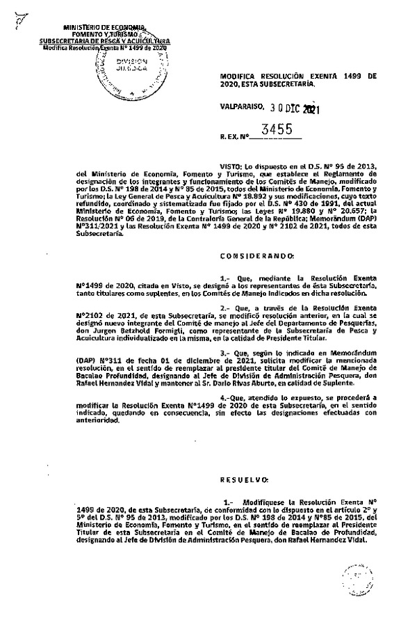 Res. Ex. N° 3455-2021 Modifica Res. Ex. N° 1499 de 2020, Comité de Manejo Recursos Bentónicos.. (Publicado en Página Web 04-01-2022)