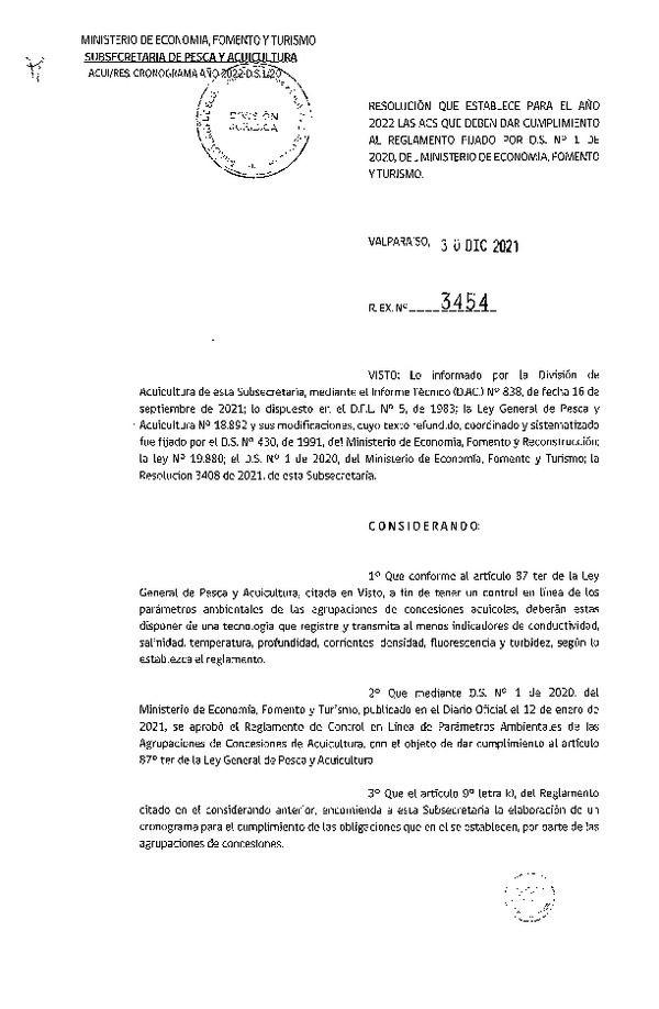 Res. Ex. N° 3454-2021 Establece para el Año 2022 las ACS que Deben dar Cumplimiento al Reglamento Fijado por D.S. N° 1 de 2020, del Ministerio de Economía, Fomento y Turismo. (Publicado en Página Web 04-01-2022)