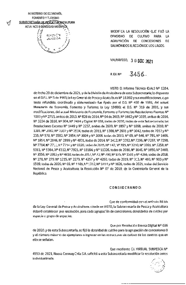 Res. EX. N° 3456-2021 Modifica Res Ex N° DIG 036-2020, Fija densidad de cultivo para las agrupación de concesiones de salmónidos 8. (Publicado en Página Web 04-01-2022)