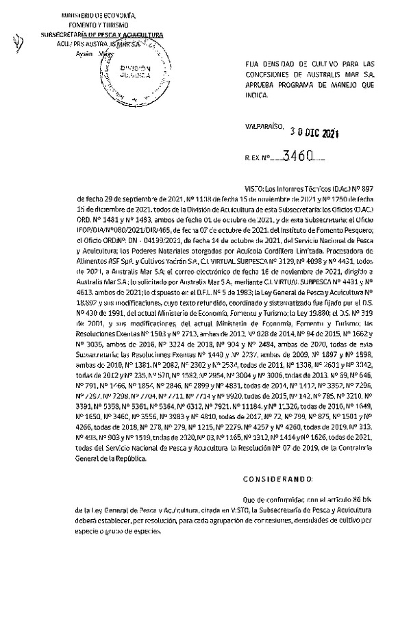 Res. Ex. N° 3460-2021 Fija densidad de cultivo para las concesiones de Australis Mar S.A. (Publicado en Página Web 04-01-2022)