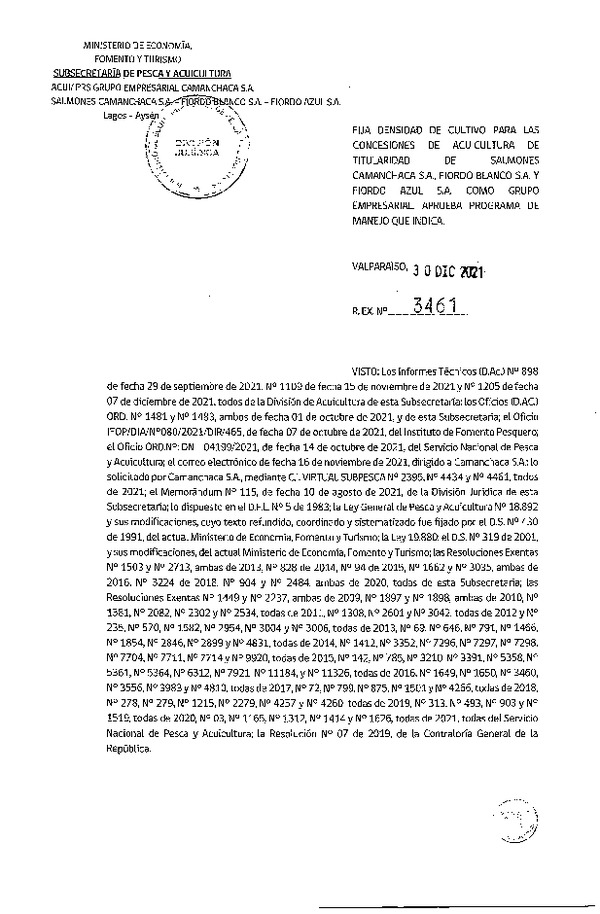 Res. Ex. N° 3461-2021 Fija densidad de cultivo para las concesiones de acuicultura de titularidad Salmones Camanchaca S.A., Fiordo Blanco S.A. y Fiordo Azul S.A. como grupo empresarial. (Publicado en Página Web 04-01-2022)