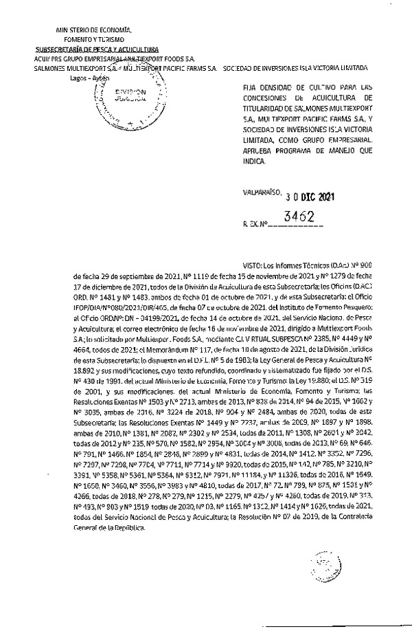 Res. Ex. N° 3462-2021 Fija densidad de cultivo para las concesiones de acuicultura de titularidad Salmones Multiexport S.A., Multiexport Pacific Farms S.A. y Sociedad de Inversiones Isla Victoria Limitada, como grupo empresarial. (Publicado en Página Web 04-01-2022)