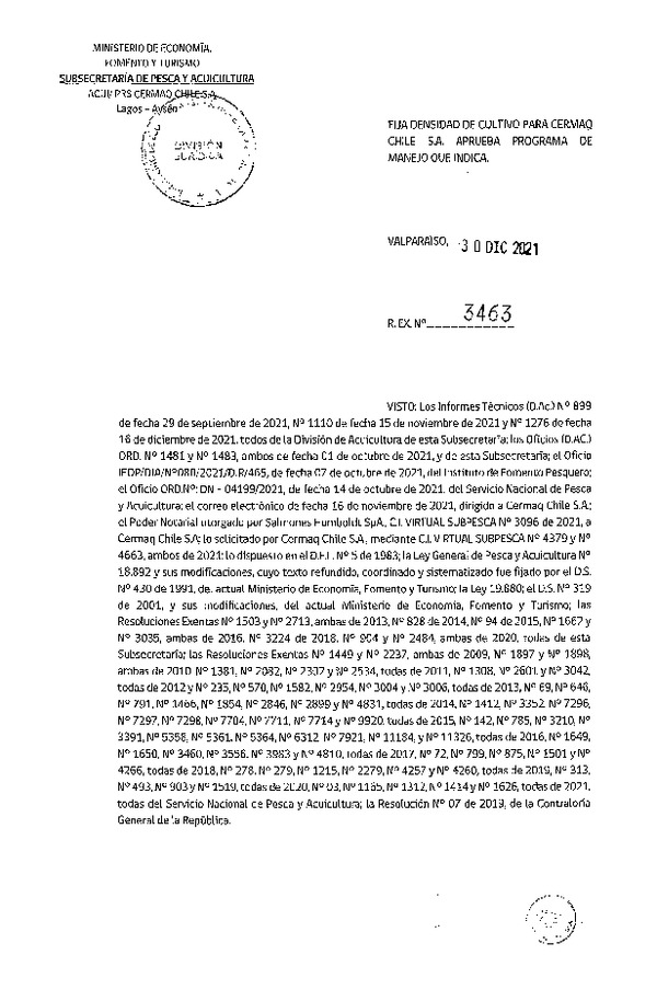 Res. Ex. N° 3463-2021 Fija densidad de cultivo para Cermaq Chile S.A. (Publicado en Página Web 04-01-2022)