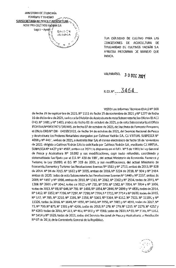 Res. Ex. N° 3464-2021 Fija densidad de cultivo para las concesiones de titularidad de Cultivos Yadrán S.A. (Publicado en Página Web 04-01-2022)