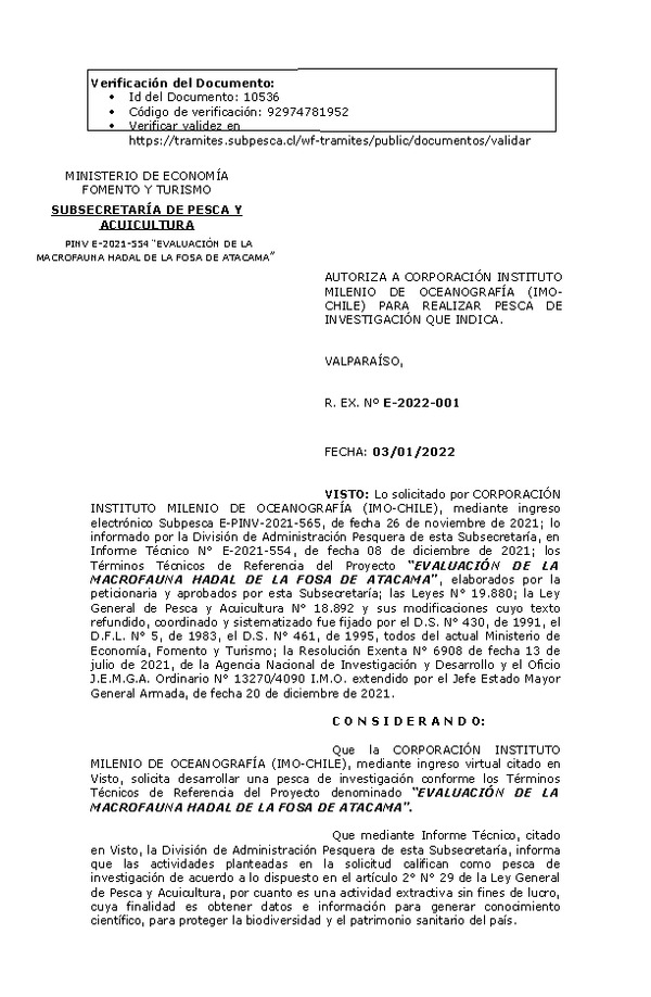 R. EX. Nº E-2022-001 EVALUACIÓN DE LA MACROFAUNA HADAL DE LA FOSA DE ATACAMA. (Publicado en Página Web 04-01-2022).
