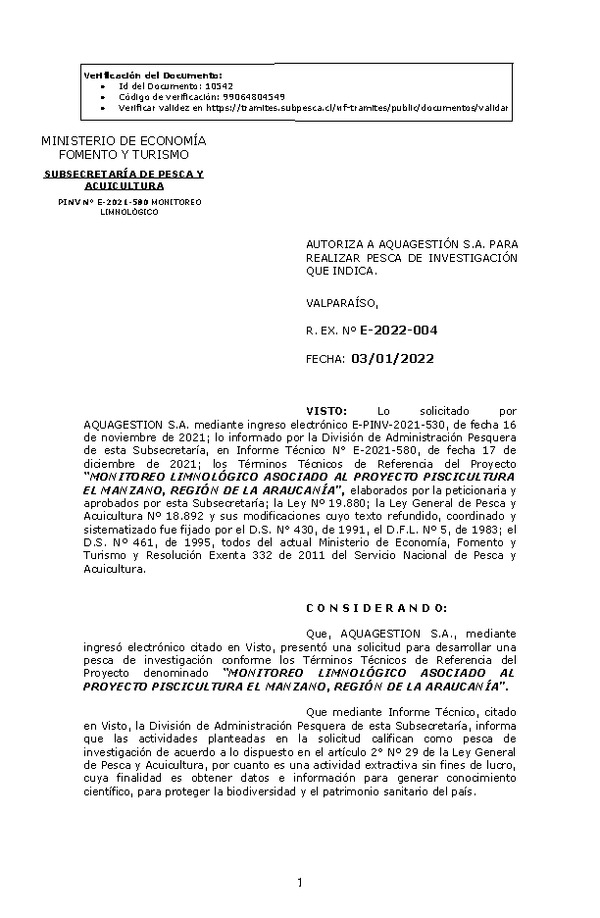 R. EX. Nº E-2022-004 MONITOREO LIMNOLÓGICO ASOCIADO AL PROYECTO PISCICULTURA EL MANZANO, REGIÓN DE LA ARAUCANÍA. (Publicado en Página Web 04-01-2022).