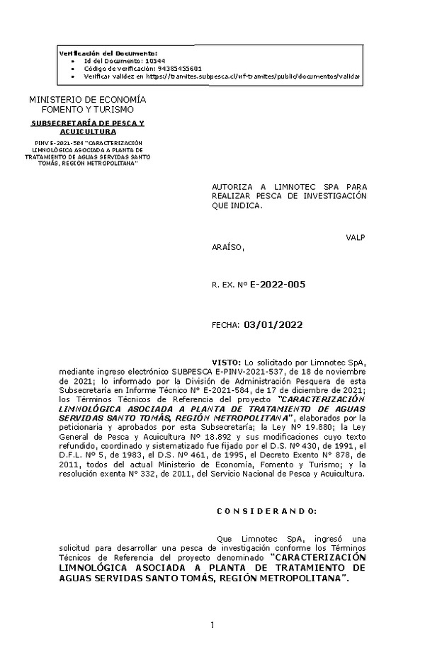 R. EX. Nº E-2022-005 CARACTERIZACIÓN LIMNOLÓGICA ASOCIADA A PLANTA DE TRATAMIENTO DE AGUAS SERVIDAS SANTO TOMÁS, REGIÓN METROPOLITANA. (Publicado en Página Web 04-01-2022)