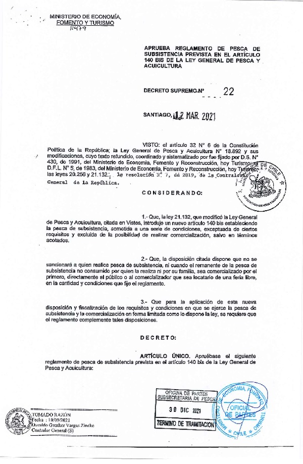 D.S. N° 22-2021 Aprueba Reglamento de Pesca de Subsistencia Prevista en el Artículo 140 bis de la Ley General de Pesca y Acuicultura.(Publicado en Página Web 05-01-2022) (F.D.O. 05-01-2022)