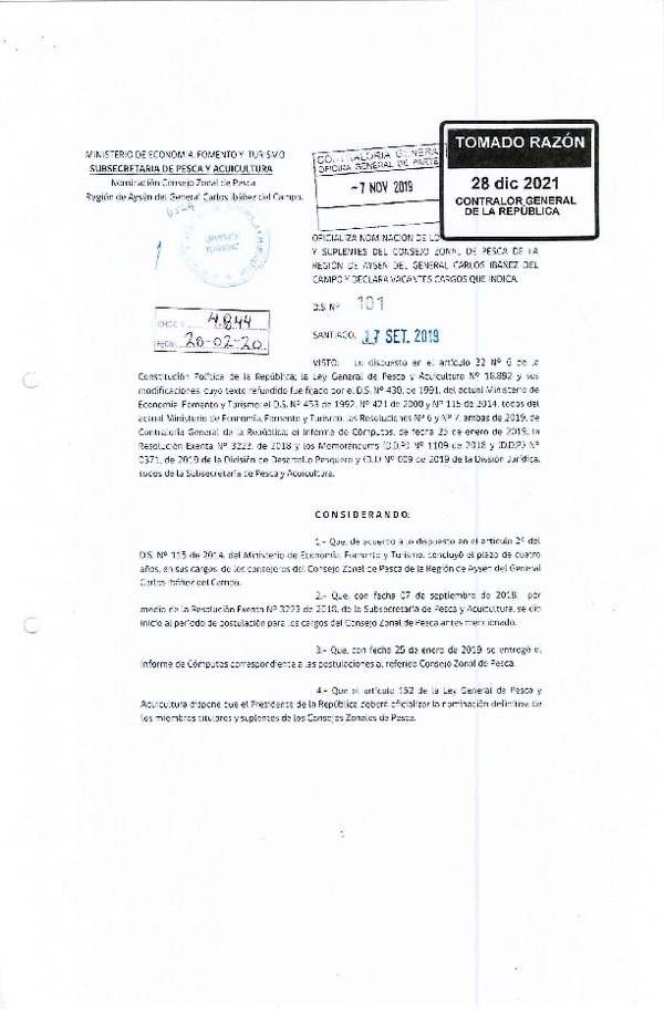 D.S. N° 101-2019 Oficializa nominación de miembros titulares y suplentes del Consejo Zonal de Pesca de la Región de Aysén del General Carlos Ibáñez del Campo y declara vacantes cargos que indica. (Publicado en Página Web 05-01-2022) (F.D.O. 05-01-2022)