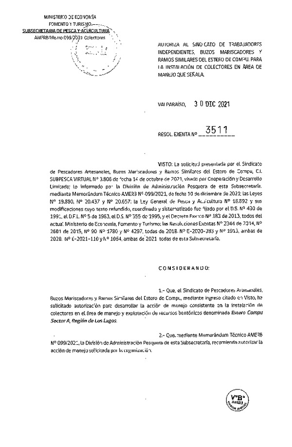 Res. Ex. N° 3511-2021 Instalación de Colectores. (Publicado en Página Web 06-01-2022)