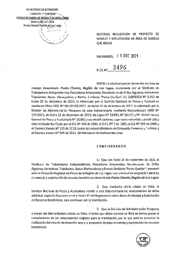 Res. Ex. N° 3496-2021 Autoriza proyecto de manejo. (Publicado en Página Web 06-01-2022)