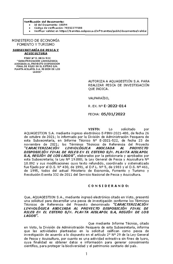 R. EX. Nº E-2022-014 CARACTERIZACIÓN LIMNOLÓGICA ASOCIADA AL PROYECTO DISPOSICIÓN FINAL DE RILES EN EL ESTERO S/N. PLANTA AISLAPOL S.A, REGIÓN DE LOS LAGOS. (Publicado en Página Web 06-01-2022)