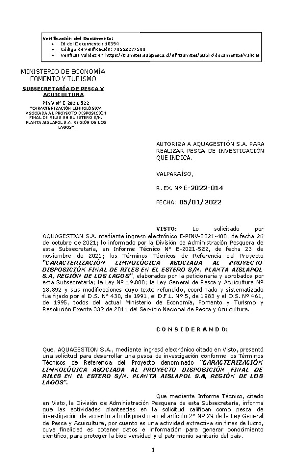 R. EX. Nº E-2022-014 CARACTERIZACIÓN LIMNOLÓGICA ASOCIADA AL PROYECTO DISPOSICIÓN FINAL DE RILES EN EL ESTERO S/N. PLANTA AISLAPOL S.A, REGIÓN DE LOS LAGOS. (Publicado en Página Web 06-01-2022)