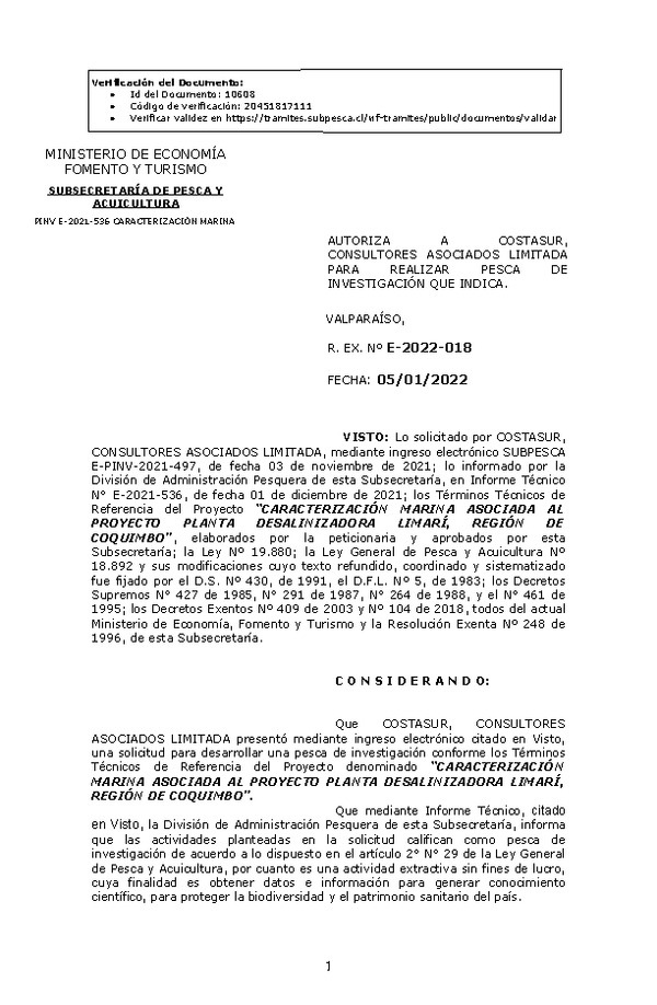 R. EX. Nº E-2022-018 CARACTERIZACIÓN MARINA ASOCIADA AL PROYECTO PLANTA DESALINIZADORA LIMARÍ, REGIÓN DE COQUIMBO. (Publicado en Página Web 06-01-2022)