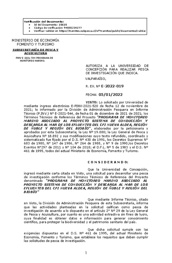 R. EX. Nº E-2022-019 PROGRAMA DE MONITOREO MARINO ASOCIADO AL PROYECTO SISTEMA DE CONDUCCIÓN Y DESCARGA AL MAR DE LOS EFLUENTES DEL CFI NUEVA ALDEA, REGIÓN DE ÑUBLE Y REGIÓN DEL BIOBÍO. (Publicado en Página Web 06-01-2022)