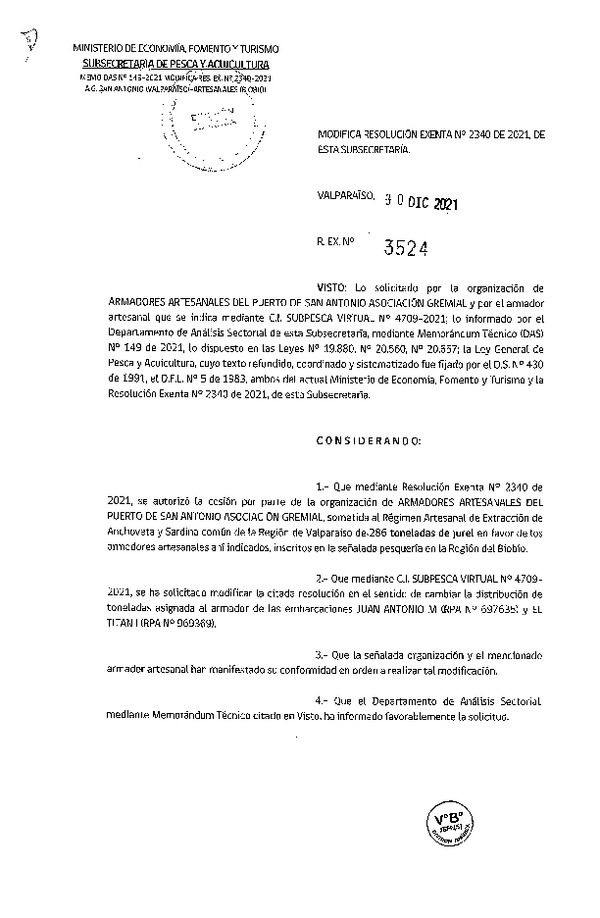 Res. Ex. N° 3524-2021 Modifica 	Res. Ex. N° 2340-2021 Autoriza cesión Jurel Región de Valparaíso a Región del Biobío. (Publicado en Página Web 07-01-2022)