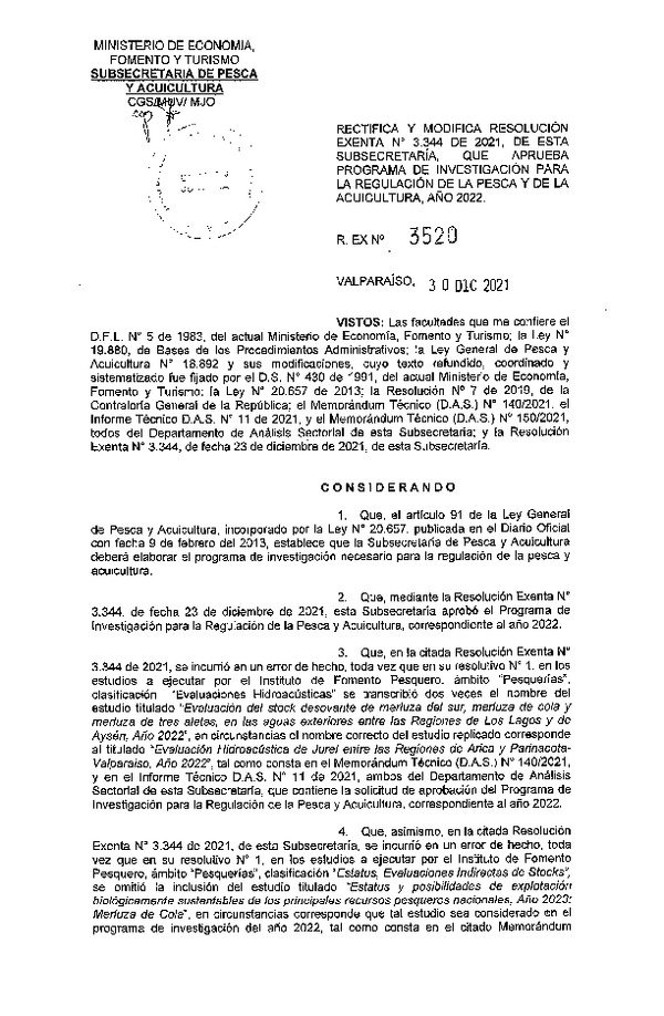 Res. Ex. N° 3520-2021 Rectifica y Modifica Res. Ex. N° 3344-2021 Aprueba Programa de Investigación para la Regulación de la Pesca y de la Acuicultura, Año 2022. (Publicado en Página Web 07-01-2022)